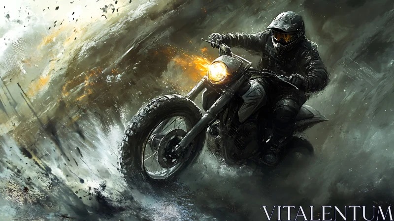Motorcycle rider carves through explosive storm spray in motion