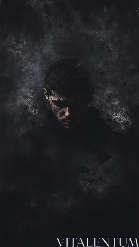 Low-key portrait isolates male subject in dark textured particulate field