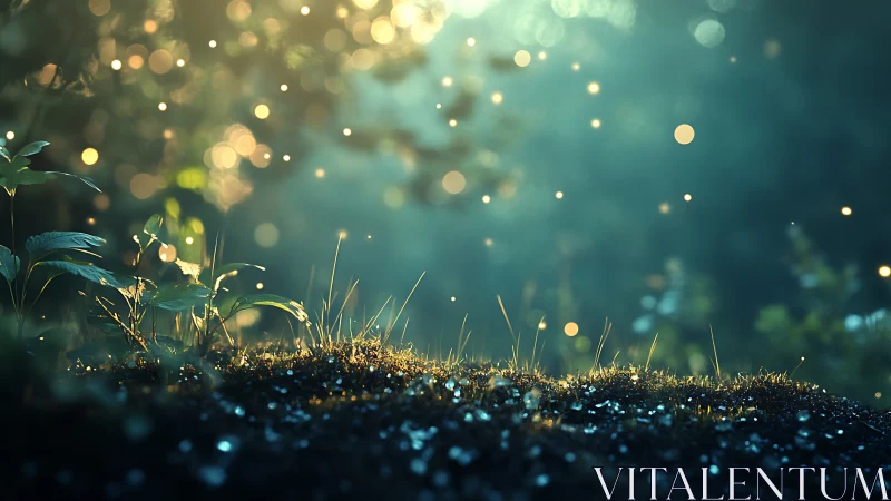 Backlit forest floor with glowing airborne particles.