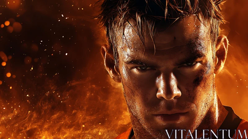 Battle-hardened male hero close-up amid dynamic fire glow