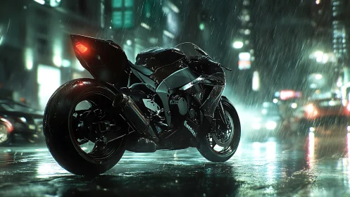 Sport motorcycle parked on wet neon city street at night.