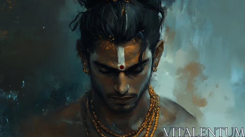 Meditative warrior bathed in teal mist and sacred silence.