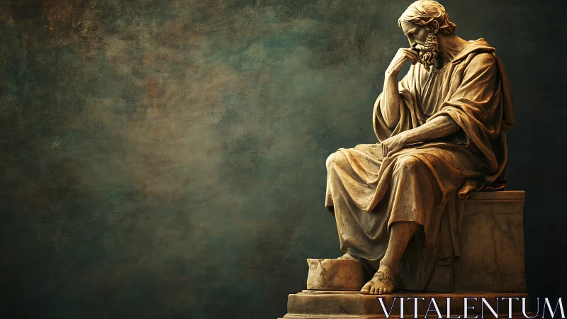 Stone seated figure is rendered in side-lit classical style