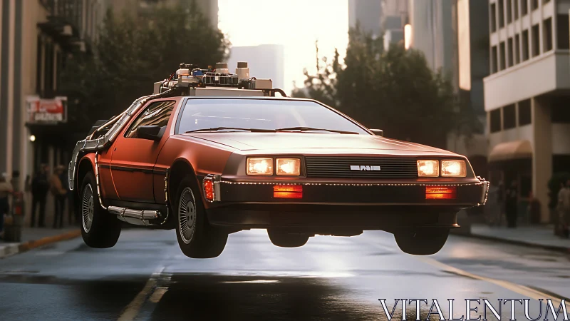 Retro flying car gliding through a quiet city street.