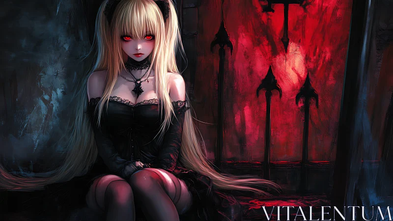 Gothic anime vampiric girl seated before crimson altar.