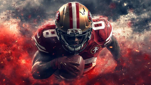 Dynamic gridiron runner in mid-dive with explosive particle effects