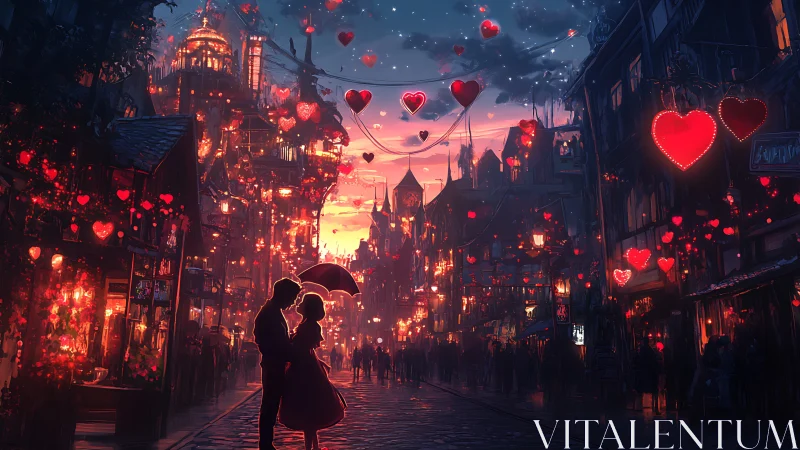 Couple kissing beneath umbrella in neon-lit urban street at sunset