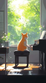 Backlit feline pianist at window-framed verdant canopy study.