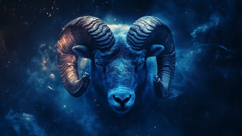 Celestial blue ram portrait rendered in luminous digital realism