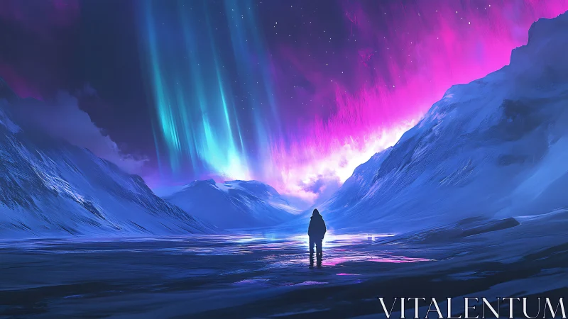 Lone traveler watches neon aurora ignite frozen valley.