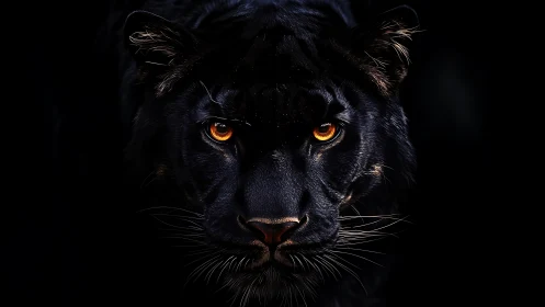 Black panther portrait exhibiting high-contrast rim lighting with luminous amber ocular elements