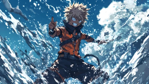 Spiky haired figure in orange jacket amid dynamic water spray.