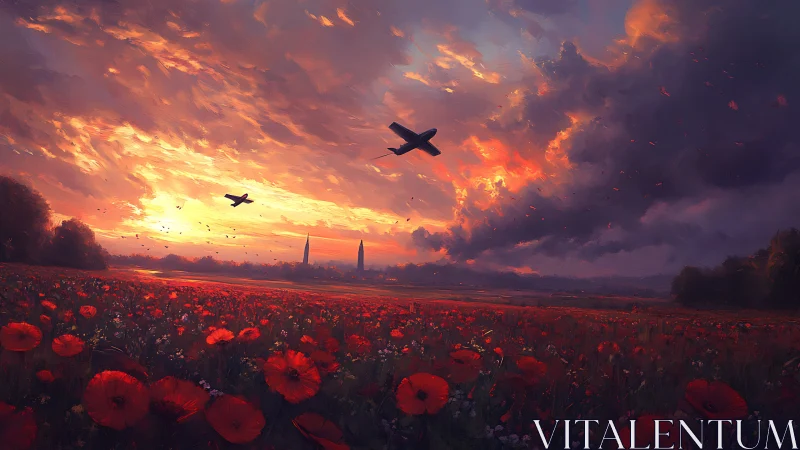 Sunset planes drifting over windswept scarlet poppy fields.