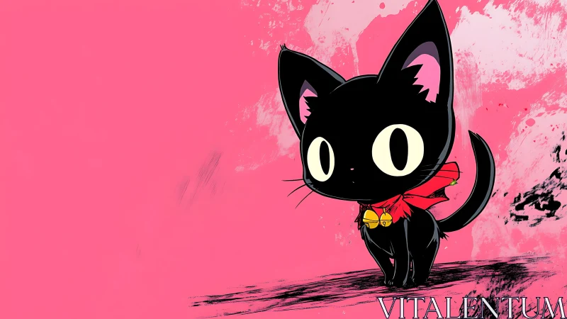 Playful black cartoon cat pops against vibrant pink art
