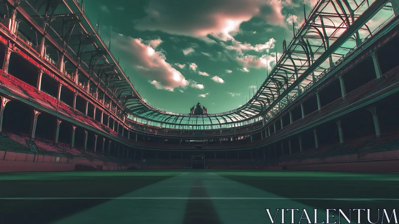 Dreamlit stadium corridor under surreal emerald skies.