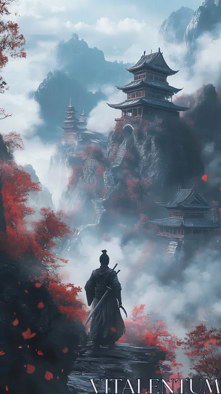 Samurai overlooking misty mountain temples at dawn.