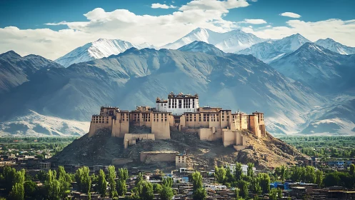 Hilltop monastery complex before layered mountain ranges.