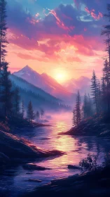 Digital painting of alpine river at iridescent sunset glow.