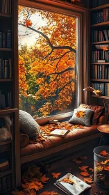 Autumn reading nook captures warm interior against vivid foliage