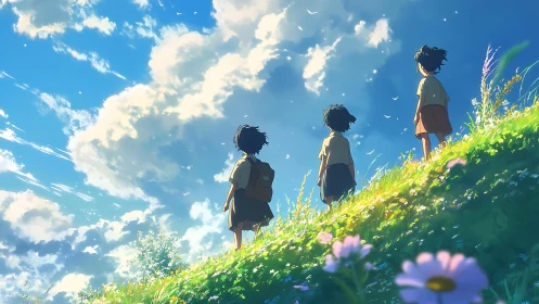 Summer hillside dreamers under a sky of wandering clouds.