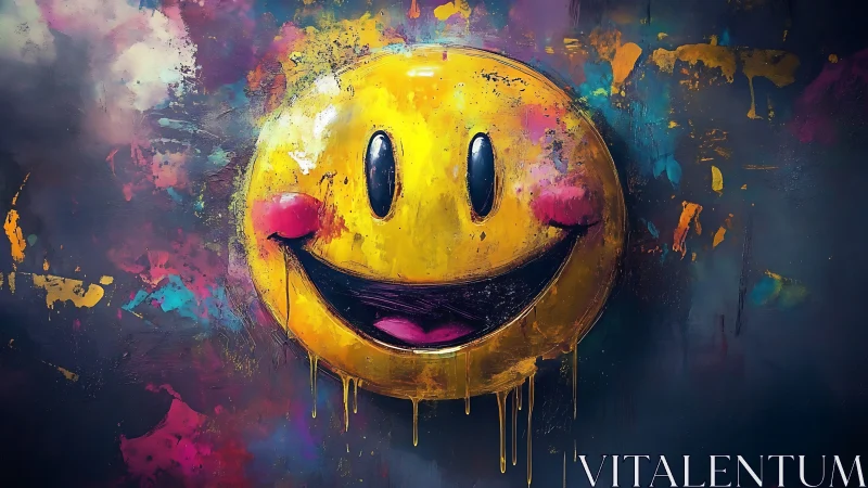Smiley face graffiti with dripping paint on dark wall.