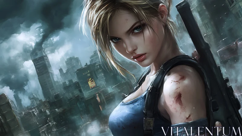 Battle-worn heroine rendered in high-detail digital painting amid ruins