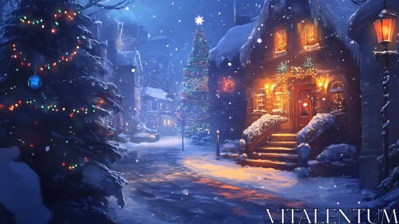 Snowy village street with warmly lit Christmas houses.