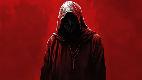 Hooded masked figure in red monochrome digital artwork.