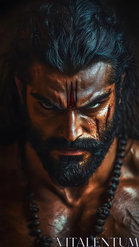 Warrior portrait shows intense stare, scars and ritual marks