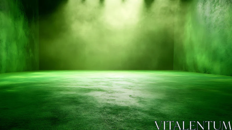 Glowing green studio space bathed in soft misty light.