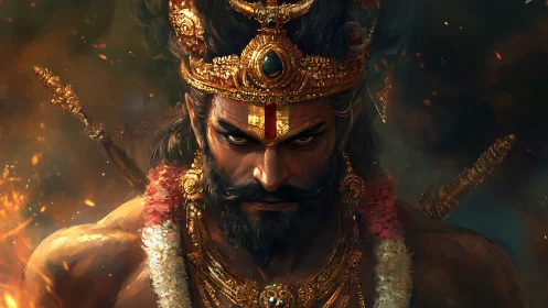 Warrior king stares forward wearing ornate golden crown