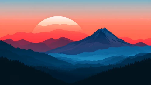 Chromatic stratified mountain ranges under geometric sunset.