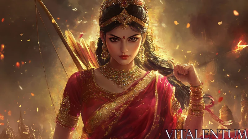 Warrior woman in ornate red attire with drawn bow poised.