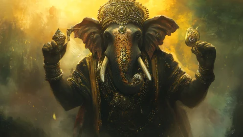 Ornate elephant deity portrait in radiant golden atmosphere