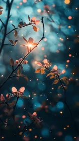 Backlit blossoms with shallow depth, bokeh and particle glow