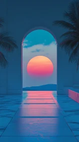 Neon sunset glows beyond marble archway and palm silhouettes