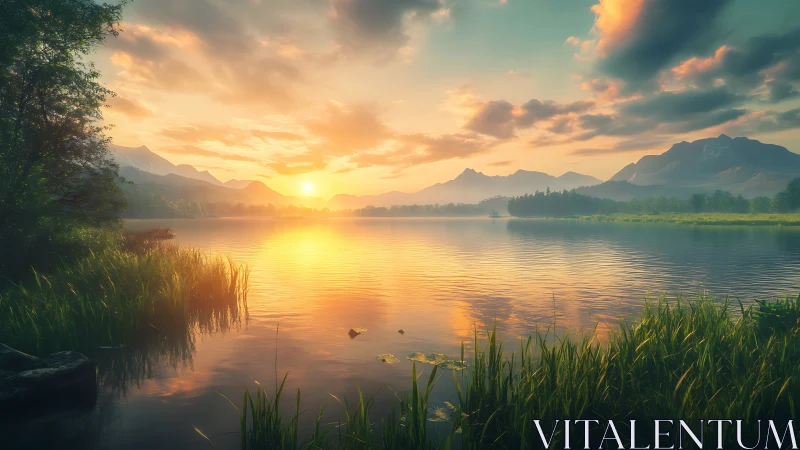 Sunrise hush over mirrorlake reeds and distant mountain hush.