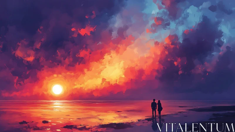 Romantic silhouettes beneath saturated painterly sunset sky.