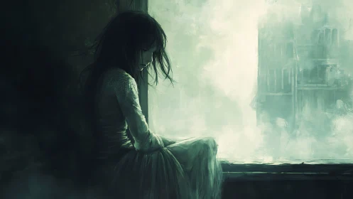 Solitary female figure seated at a misted urban window.