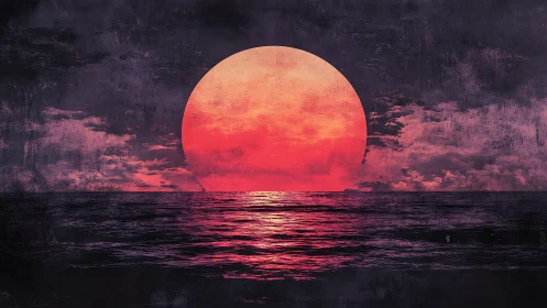 Huge red sun sets over dark textured ocean horizon