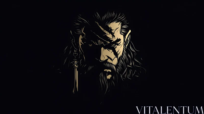 Stylized male warrior portrait emerges from deep black background