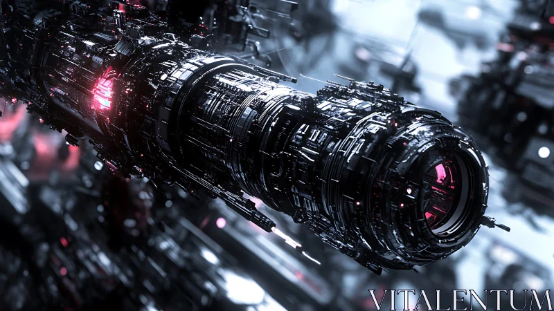 Cylindrical mech structure with dense greeble, hard-specular lighting