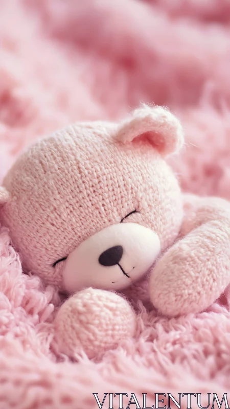 Soft pink knitted teddy bear resting on fluffy blanket.