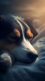 Close-up profile of a tricolor dog sleeping on bedding.