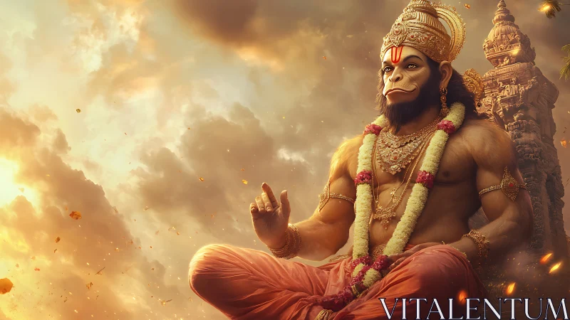 Serene divine monkey figure seated before temple at dusk.