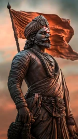 Bronze warrior statue under dramatic sunset sky with detailed drapery