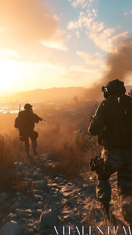Tactical infantry patrol in golden hour backlit battlefield