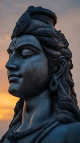 Profile view of large Shiva statue at sunset sky.