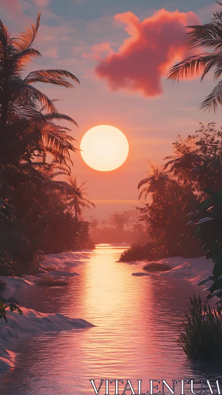 Sunlit tropical river glowing with gentle sunset warmth.