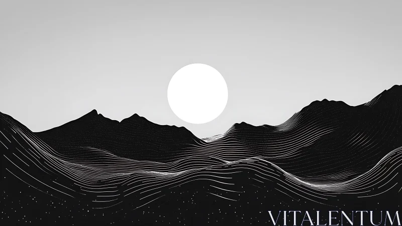 Monochrome sun over line-rendered mountainous terrain profile